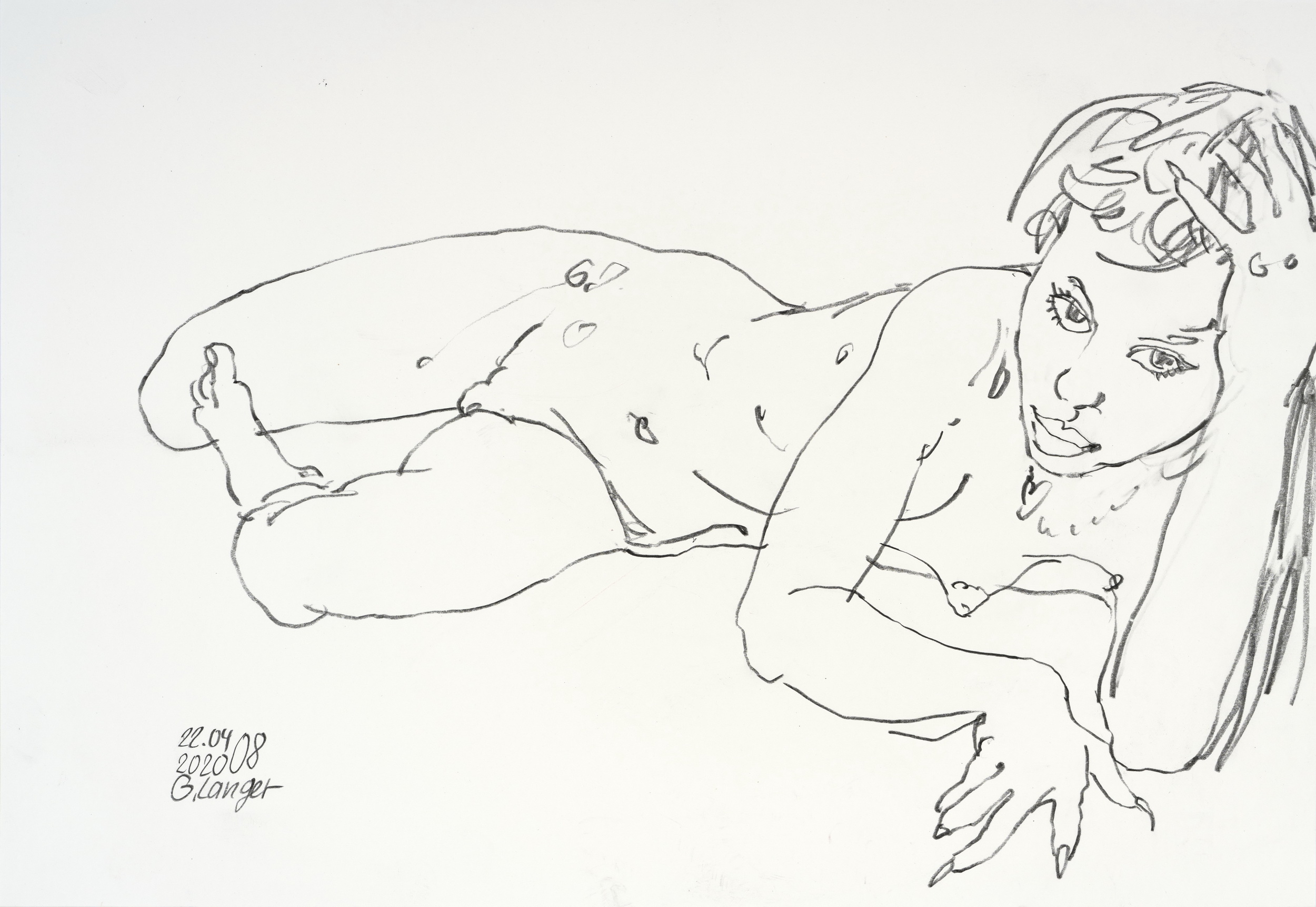 Gunter Langer, Liegendes nacktes Mädchen, 2020, 34 x 48 cm